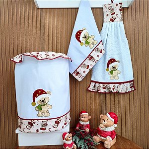 NATAL - KIT 3 PEÇAS URSO - GALÃO, BATE MÃO E PANO DE PRATO.