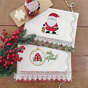 NATAL - KIT 2 TOALHAS DE LAVABO BORDADAS, CASA GLOBO 30CM X 45CM