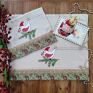 NATAL - KIT ROSTO E LAVABO BORDADO - PASSARO NATAL BEGE