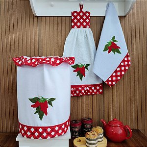 KIT 3 PEÇAS GALÃO, BATE MÃO E PANO DE PRATO - PIMENTA XADREZ.