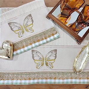 JOGO ROSTO E LAVABO BORDADO - BORBOLETA MARROM