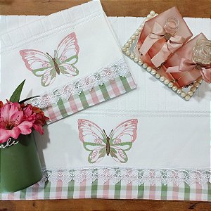 JOGO ROSTO E LAVABO BORDADO - BORBOLETA ROSA/VERDE