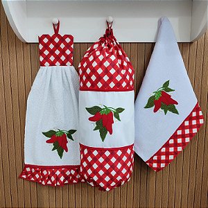 KIT 3 PEÇAS PIMENTA XADREZ - BATE MÃO, PUXA SACO E PANO DE PRATO