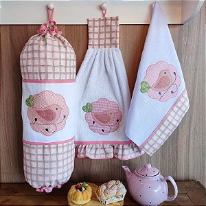 KIT 3 PEÇAS - BATE MÃO, PUXA SACO E PANO DE PRATO - BIRD ROSA