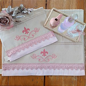 JOGO ROSTO E LAVABO - FLOR DE LIZ ROSA BEGE