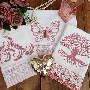 KIT 3 TOALHAS DE LAVABO BORDADO - TRIO ROSA