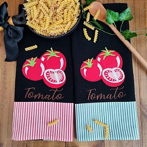 KIT 2 PANOS DE PRATO PRETO – Tomate Verde/Vermelho, 65cm x 44cm.