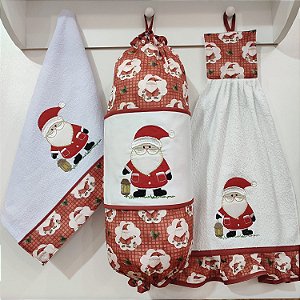 NATAL - KIT 3 PEÇAS BATE MÃO, PUXA SACO E PANO DE PRATO, NOEL LUZ