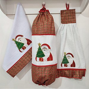 NATAL - KIT 3 PEÇAS BATE MÃO, PUXA SACO E PANO DE PRATO, NOEL ARVORE