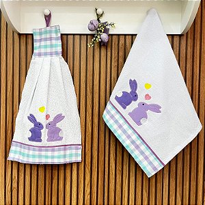 JOGO BATE MÃO E PANO DE PRATO PÁSCOA - COELHO ROXO