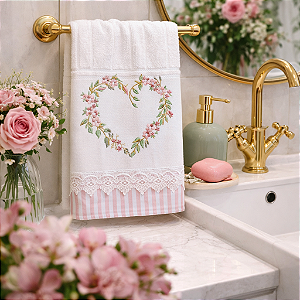 TOALHA DE LAVABO AVULSO BORDADO - CORAÇÃO FLORIDO, 30cm x 45cm.