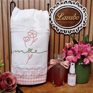 TOALHA DE LAVABO AVULSO BORDADO - RAMO MÃO ROSA 30cm x 45cm.