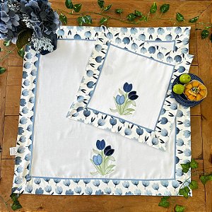 Centro de Mesa e Fogão - TULIPA AZUL, 100% Algodão.