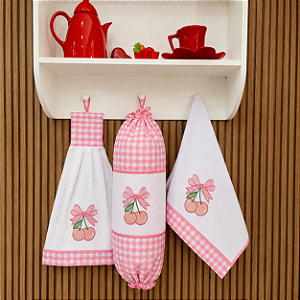 KIT 3 PEÇAS CHERRY - BATE MÃO, PUXA SACO E PANO DE PRATO