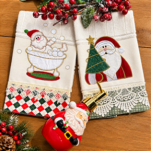 KIT 2 TOALHAS DE LAVABO BORDADAS NATAL - 007.