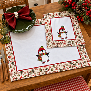 Centro de Mesa e Fogão NATAL- PINGUIM, 100% Algodão.