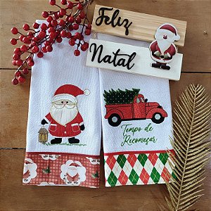 NATAL - KIT 2 PANOS DE PRATO NOEL LUZ/COMBI, 65X44CM