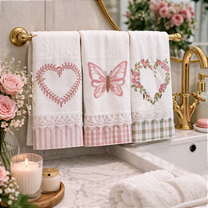 KIT 3 TOALHAS DE LAVABO BORDADO - ROSA