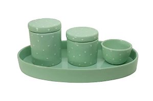 KIT HIGIENE VERDE COM POA BRANCO TAMPA DE CERÂMICA-EN
