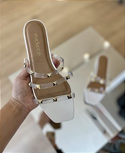 Rasteira Tiras Vinil Spikes Branca Tassia