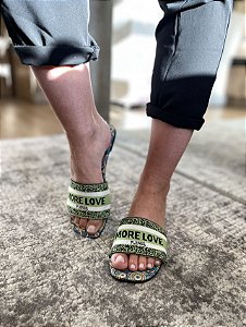 Rasteira Slide Verde Estampada Nicole