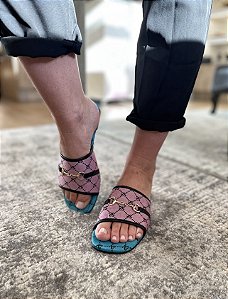 Rasteira Slide Azul/Lavanda Estampada Nicole