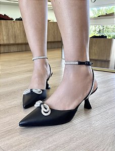 Scarpin Slingback Preto Com Laço De Brilho Alicia
