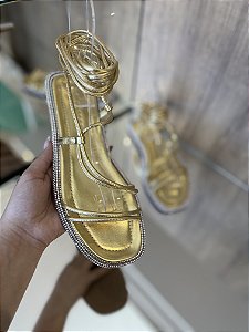 Rasteira Dourada Com Amarração E Strass Analu