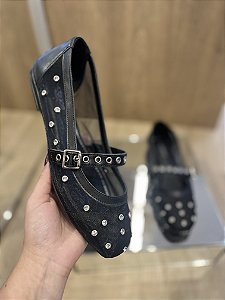 Sapatilha Preta Tela Com Ilhos/Strass Aisha