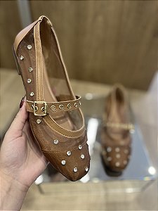 Sapatilha Caramelo Tela Com Ilhos/Strass Aisha