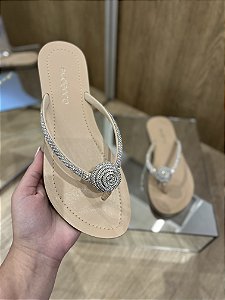 Rasteira Bege Com Tira Em Strass Prata Suzan