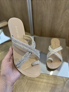 Rasteira Bege Com Tiras Em Strass Prata Tamy