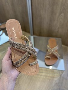 Rasteira Caramelo Com Tiras Em Strass Rosê Tamy