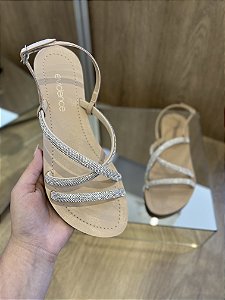 Rasteira Bege Tiras Strass Prata Agata