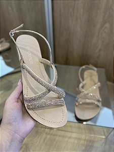 Rasteira Bege Tiras Strass Rosê Agata