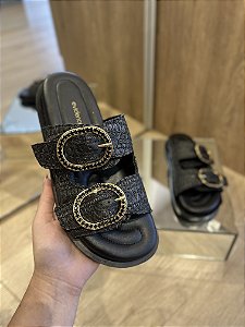 Papete Preta Em Couro Com Fivela Dourada Fabi