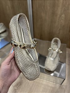 Sapatilha Dourada De Tela Com Aplicações Dourada Franci