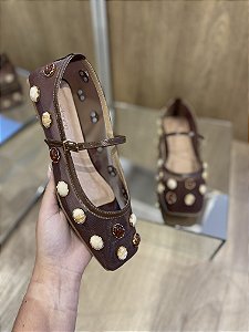 Sapatilha Marrom Couro Tela/Pedras Jani