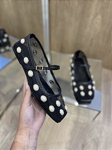 Sapatilha Preta Couro Tela/Pedras Jani