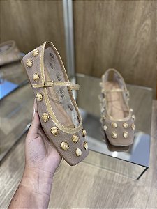 Sapatilha Bege Couro Tela/Pedras Jani