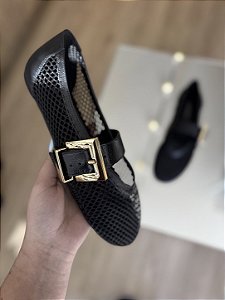 Sapatilha De Tela Preto Com Fivela Angelica