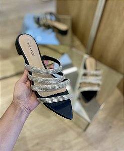 Rasteira Preto Bico Folha De Brilhos Tana