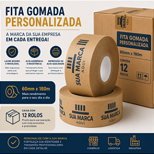 Fita Gomada Com Reforço Personalizada 60mm x 180m - Caixa com 12 rolos - Impressão em 1 cor