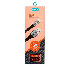 Cabo USB Type C Blindado Trançado Resistente Turbo com LED 5.0A 1m Kimaster-CB736 Preto