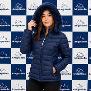 Casaco Feminino Puffer Acolchoado com Capuz Peluciado Removível – Impermeável, Quente e Elegante  DS-19A