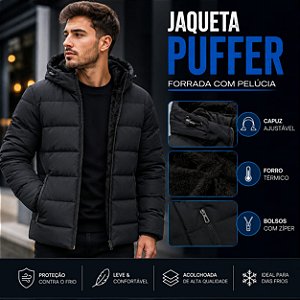 Casaco Jaqueta Puffer Masculina Forrada Com Pelúcia Sherpa e Capuz – Preta 1596