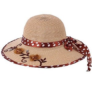 Chapéu Praia Feminino Com Flores Bordadas E Fita Poá  WZ-04