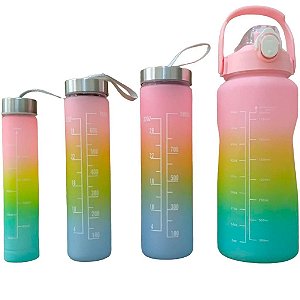 Kit 4 Garrafas de Água Frases Motivacionais 2L, 900ml, 700ml e 300ml Com Marcador e Canudo K4GA-2-900-700-300