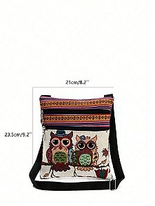 Bolsa Indiana Pequena Transversal Estampada Com Coruja e Elefante BOLSA-CORUJA