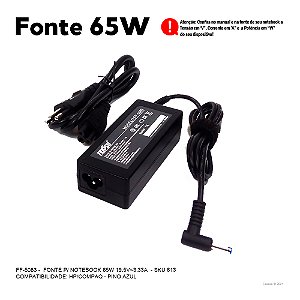 Fonte P/ Notebook 65W 19.5v 3.33A Plug4 FF-5083